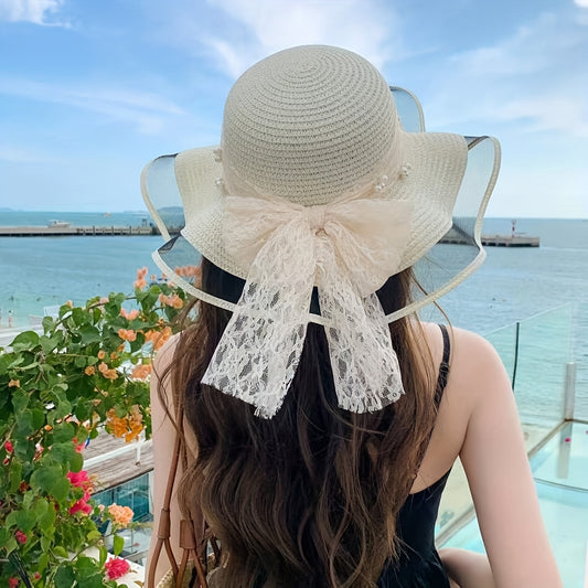 Women'S Elegant Straw Sun Hat with Lace Bow & Mesh Brim - Foldable, Breathable Beach Hat for Summer, Black Ruffled Sleeve Design, Perfect for & Stylish Outfits, Beach Accessories