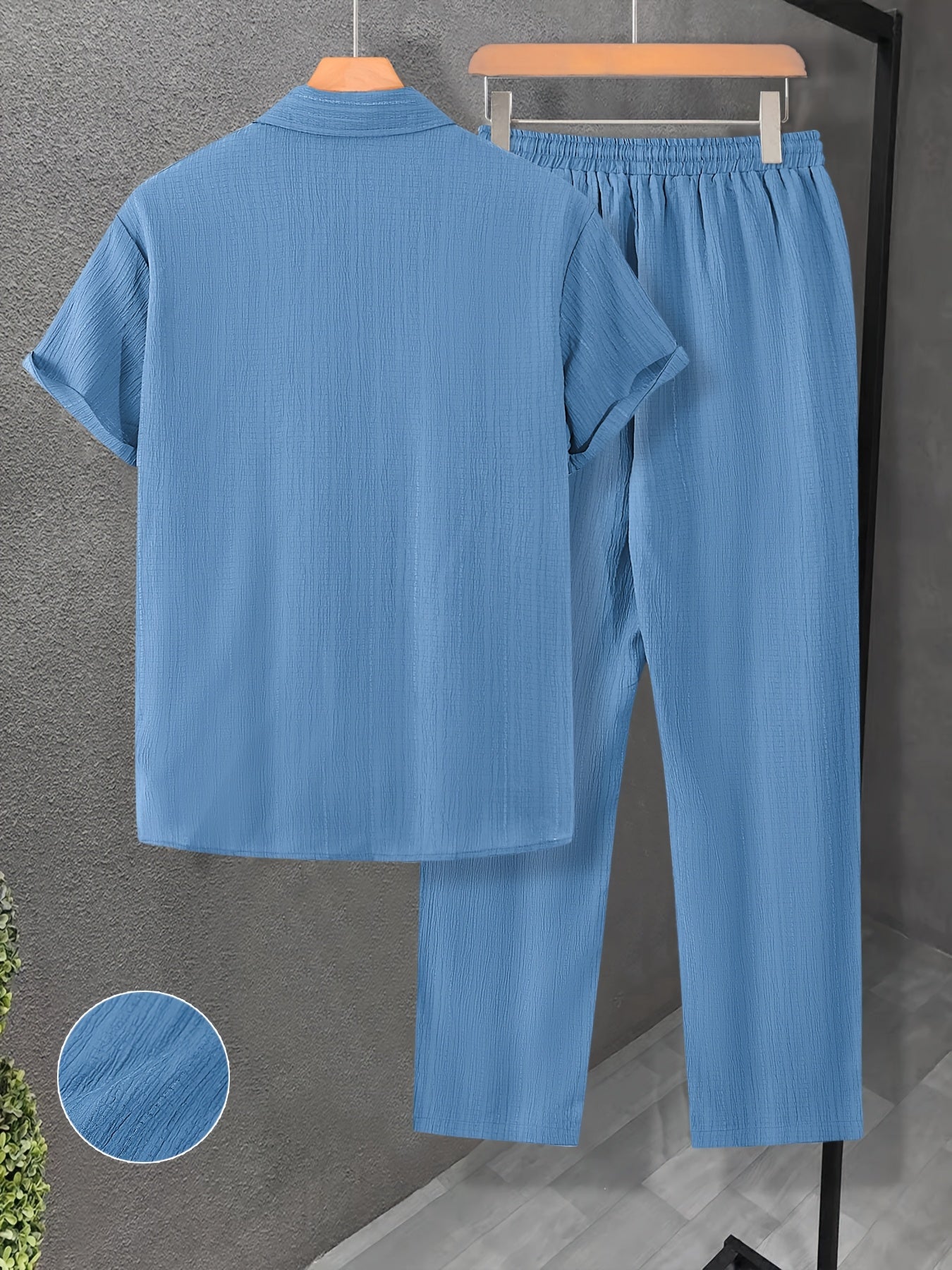 Men's Casual 2-Piece Outfit, Summer Solid Color Shirt & Pants Set, Comfy Button Up Shirt, Breathable Drawstring Pants
