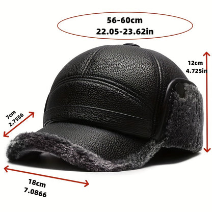 Street Style Men's Winter Cap with Ear Warmers, Faux Leather Earflap Hat for Elderly, Warm Duckbill Cap for Cold Weather