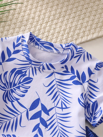 Boys' Tropical Leaf Print Cotton Blend Casual Outfit - Short Sleeve Tee & Drawstring Shorts Set, Machine Washable for Spring/Summer, Perfect for Outdoor