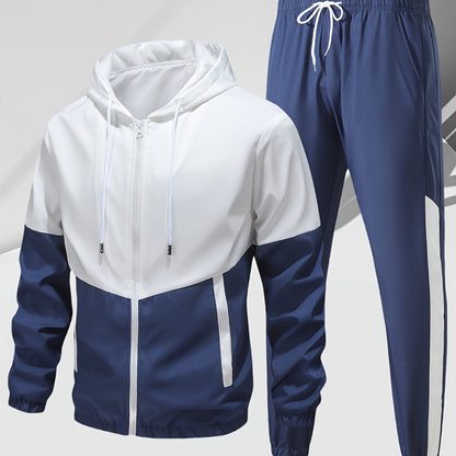Men's Casual Sports Set, Spring/Autumn Hooded Jacket And Pants, 2-Piece Stylish Athletic Suit, Youth Fashion Trend, Color Block Design