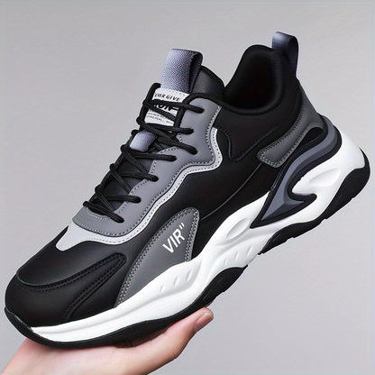 Men's Stylish Color-Block Sneakers - Black & Gray with White Accents, Comfortable All-Day Wear, Durable Rubber Sole, Lace-Up Design, Trendy Low-Top Style for Casual or Athletic Use, Casual Sneakers | Fashion Sneakers | Pu Mat
