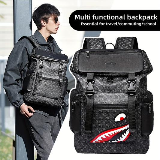Men'S Stylish Black Backpack with Shark Graphic - Lightweight, Large Capacity, Multi-Functional Shoulder Bag for Travel, Commuting, School - Durable PVC Material, Sports & Fitness Design, Backpack for Travel
