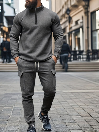Versatile Ensemble, Men's Casual 2pcs Set: Heavyweight Zip-Up High Neck Sweatshirt & Pocketed Work Pants - Solid Color, Plush Fabric for Fall/Winter