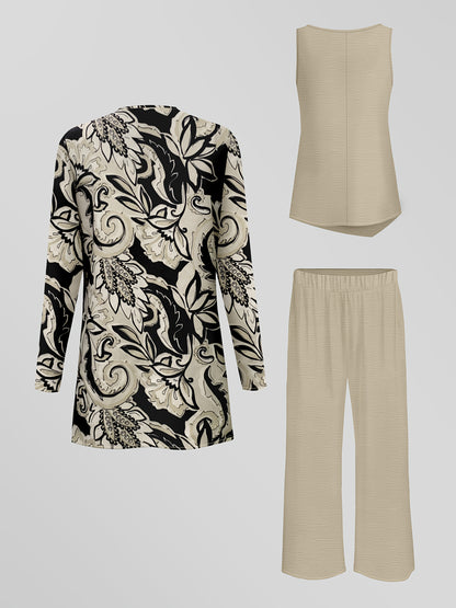 Fashionable and suit, printed long-sleeved cardigan jacket with solid color vest and casual trousers, daily three-piece suit