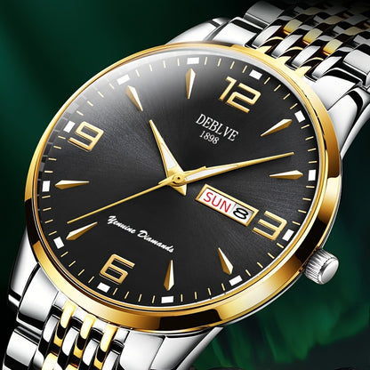 DEBLVE Men's Sleek Business Watch - Ultra-Thin Alloy, Luminous Hands, Calendar & Week Display, Waterproof, Sporty Steel Strap with Secure Clasp