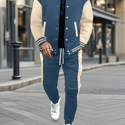 Men's Casual Baseball Jacket & Pants Set - Color Block, Polyester, Button-Up with Belt Detail for Spring/Fall
