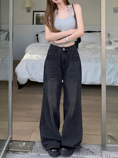 Women's Fashion Wide Leg Jeans, Casual High-Waisted Denim Pants with Pockets, All-Season Solid Color, Comfortable Slimming Design, 54.10% 35.10% Polyester 9.50% Viscose 1.30% Elastane