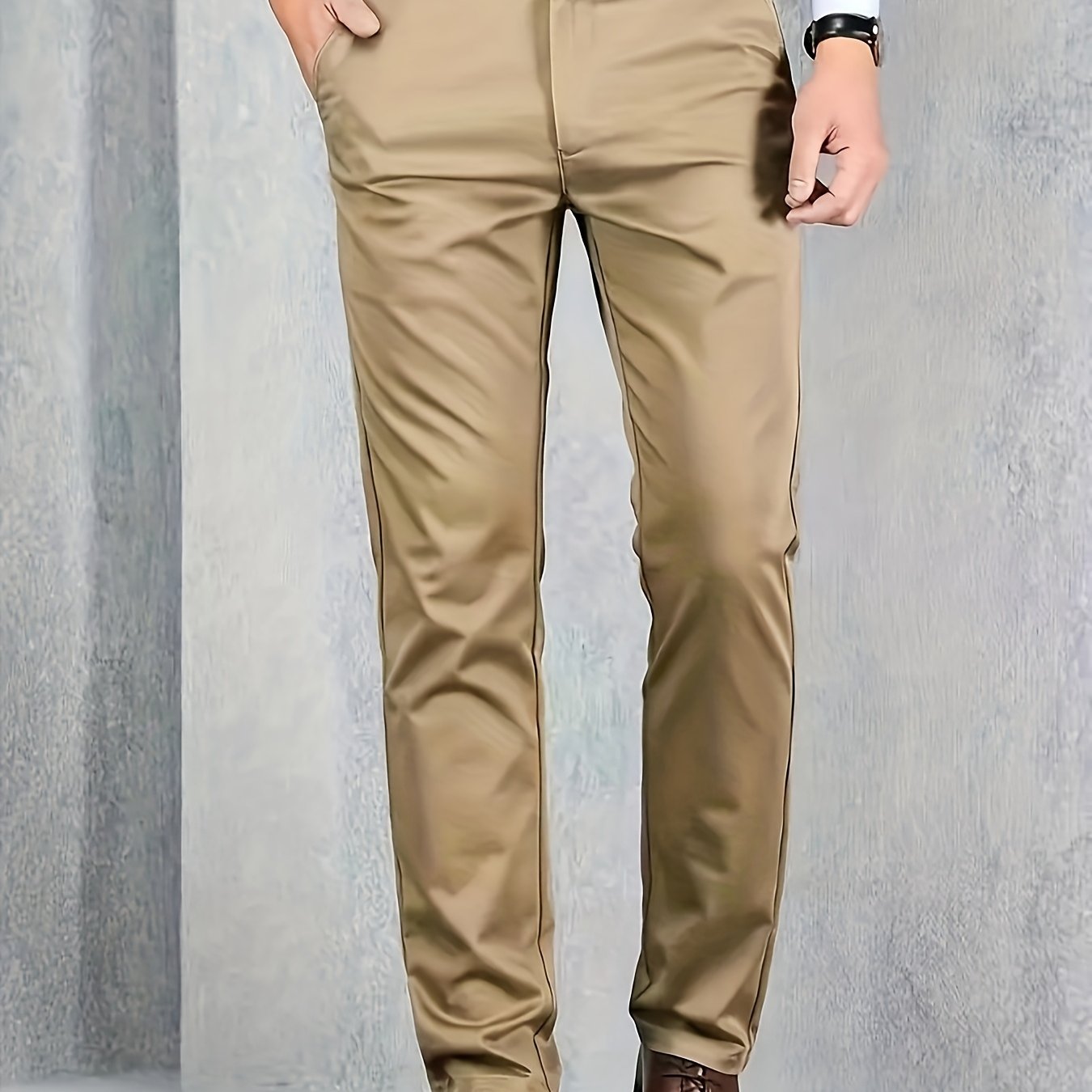 [Durable Build] Men's All-Season Casual Dress Pants - Business Style Stretch Trousers, Comfortable Classic Design, Light Brown Polyester Blend, Machine Washable, Smooth Finish, Regular Fit for Office or Leisure Wear