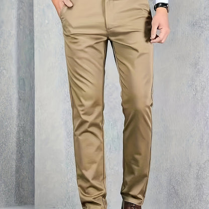 [Durable Build] Men's All-Season Casual Dress Pants - Business Style Stretch Trousers, Comfortable Classic Design, Light Brown Polyester Blend, Machine Washable, Smooth Finish, Regular Fit for Office or Leisure Wear