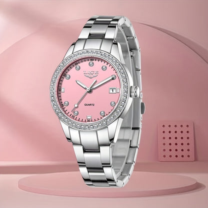Elegant Pink Women'S Watch - LIGE Quartz Chronograph with Stainless Steel Band, Rhinestone Accents, Date Display & Heart Rate Monitor - Ideal Mother'S Day Gift, Gift for Women | Elegant Timepiece | Quartz Movement, LIGE