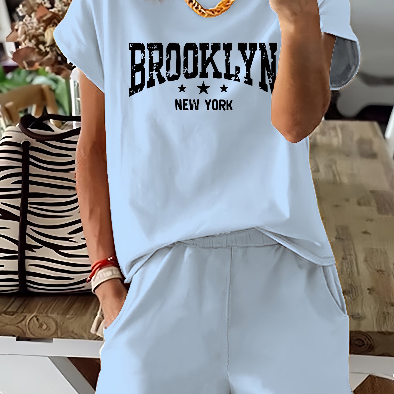 Brooklyn Letter Print Casual T-Shirt & Shorts Set for Women - Stretchy Polyester Blend, Machine Washable
