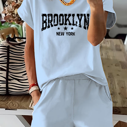 Brooklyn Letter Print Casual T-Shirt & Shorts Set for Women - Stretchy Polyester Blend, Machine Washable