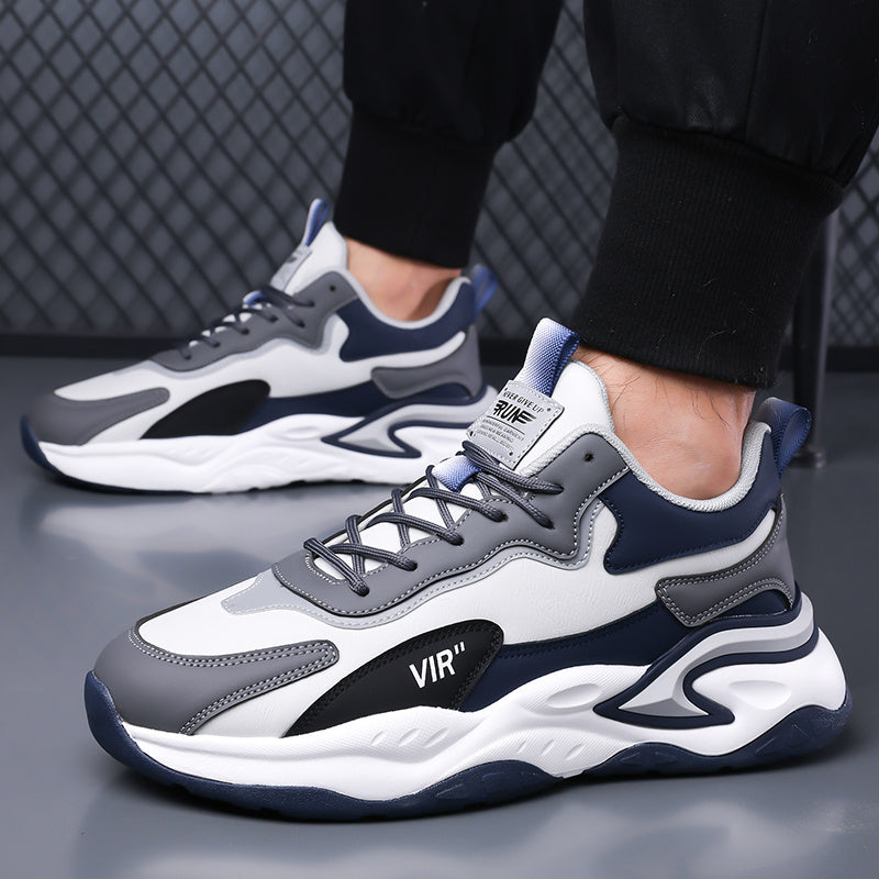 Men's Stylish Color-Block Sneakers - Black & Gray with White Accents, Comfortable All-Day Wear, Durable Rubber Sole, Lace-Up Design, Trendy Low-Top Style for Casual or Athletic Use, Casual Sneakers | Fashion Sneakers | Pu Mat