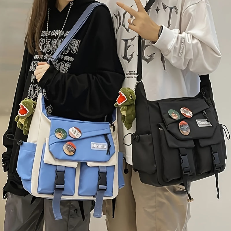 Trendy Nylon Messenger Bag - Casual Japanese-Inspired Shoulder Bag with Adjustable Strap, Large Capacity, Multi-Pocket Design for School & Sports, Blue & White