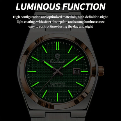 Binbond Luxury Men's Quartz Watch - Stylish Blue Dial, Rose Golden Accents, Waterproof Stainless Steel Band, Calendar Feature, Fashionable Business Design, Formal Accessory | Modern Quartz Watch | Rose Golden Details