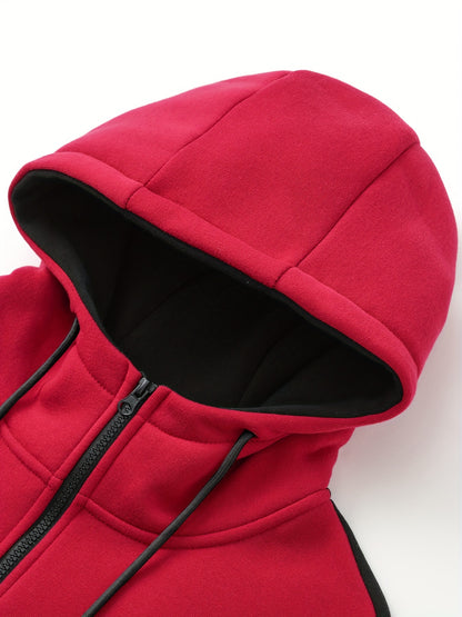 Men'S Casual Hoodie Set for Autumn And Winter, Featuring a Hooded Sweatshirt And a Sporty Cardigan in a Patchwork Design.