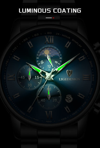 LIGE Black Blue Quartz Watch with Calendar, Exquisite & Simple Dial Stainless Steel Strap Multiple Colors High-quality Wrist Watch