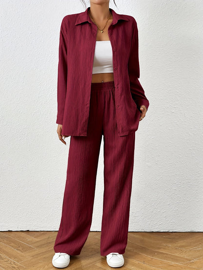 2pcs Women Spring & Autumn Casual Solid Color Long Sleeve Shirt And Pants Set