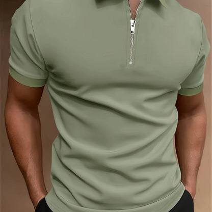 Casual Stretch Men's Solid Color Zipper Lapel Golf Shirt, Male Summer Streetwear