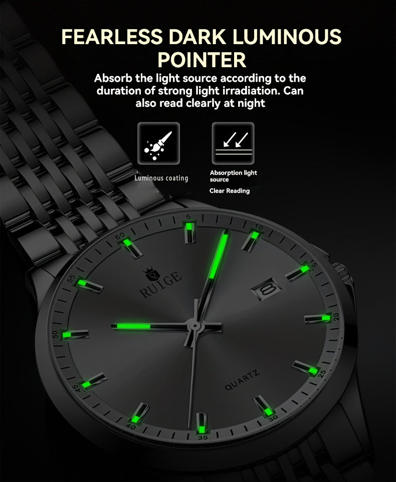 RUIGE Men's Sleek Quartz Watch - Stainless Steel Band, Simple Design with Date Display & Night Light Feature, Casual Wristwatch for Casual Attire