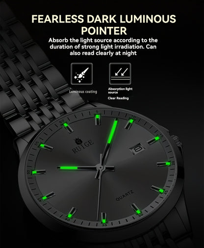 RUIGE Men's Sleek Quartz Watch - Stainless Steel Band, Simple Design with Date Display & Night Light Feature, Casual Wristwatch for Casual Attire