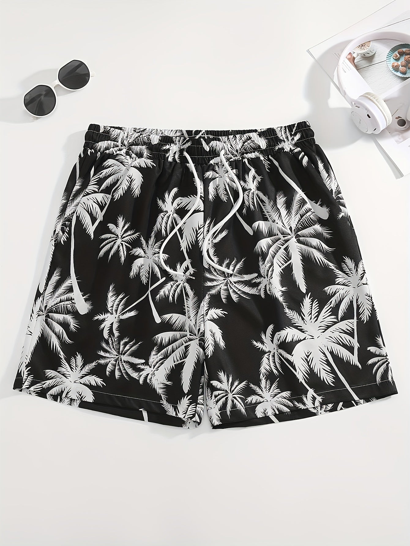 Men's Tropical Coconut Tree Print Drawstring Shorts - Casual, Loose-Fit Beachwear with Pockets