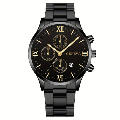 1pc Men's Stylish Black Quartz Watch with Stainless Steel Band - Elegant Roman Numerals, Date Display, and Golden Accents - Perfect Gift for Christmas, Thanksgiving, Valentine's Day - Ideal for Him or Family, Date Feature Wat