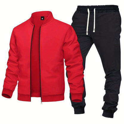 Men's Spring/Fall Casual Zip-Up Jacket & Drawstring Sweatpants Set in Olive Green & Black - Durable Polyester, Machine Washable, with Pockets for Everyday Style