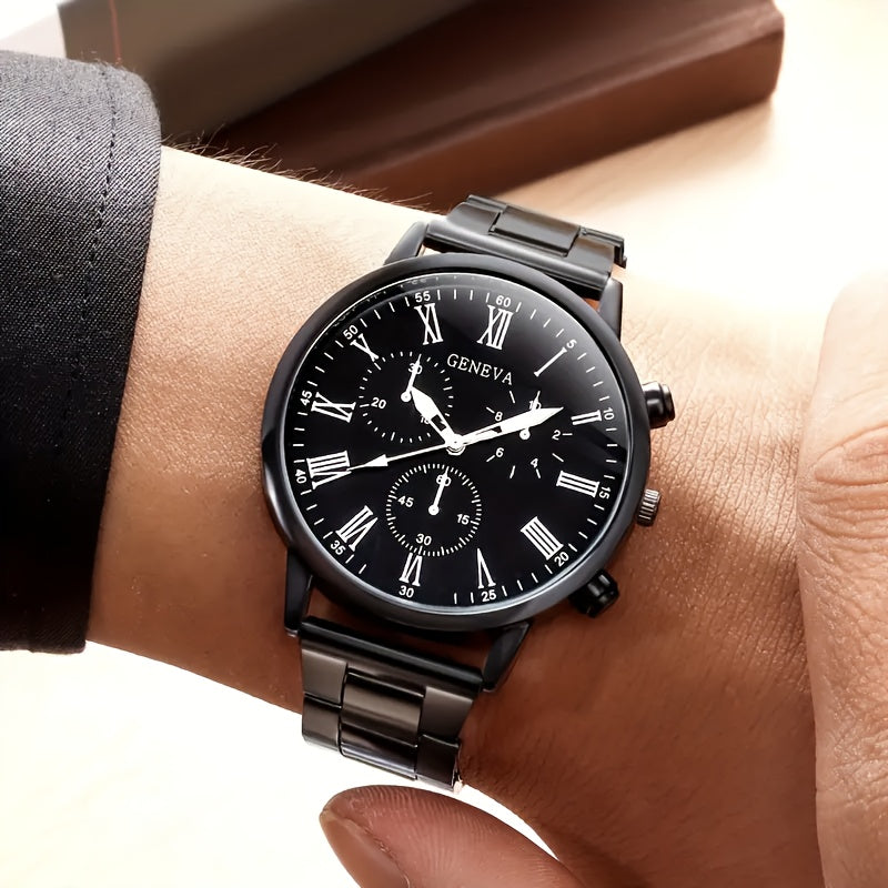2pcs set, Men's fashionable quartz watch combination package, round dial display, stainless steel strap, zinc alloy case & hands, stylish casual simple business style, especially suitable as Father's Day, Valentine's Day, Ram