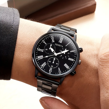 2pcs set, Men's fashionable quartz watch combination package, round dial display, stainless steel strap, zinc alloy case & hands, stylish casual simple business style, especially suitable as Father's Day, Valentine's Day, Ram