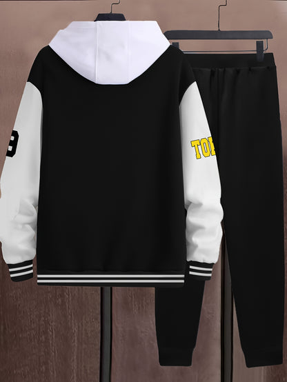 Athleisure Essential, Men's Casual 69pcs Set: Color Block Varsity Jacket & Joggers with A-69 Print - Polyester, Baseball Collar, Pockets - Perfect for Fall/Winter