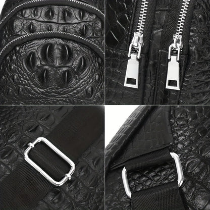 SCHLATUM Genuine Leather Crocodile Pattern Sling Bag - Black, Large-Capacity Multifunctional Crossbody Backpack for Travel, Sports & Camping, Stylish Zipper Closure Design