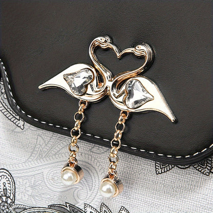 Elegant Floral Print Women'S Crossbody Bag with Magnetic Closure, Adjustable Strap, and Metal Swan Heart Charm, Synthetic Faux Leather Shoulder Purse with Polyester Lining and Painted Edges, Ladies Bag