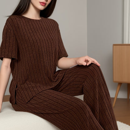Women's Solid Ribbed Elegant Loose Fit Lounge Set, Short Sleeve Round Neck Top & Pants, Comfortable Relaxed Fit