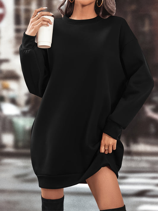 Elegant Women'S Fleece-Lined Sweatshirt Dress - Polyester Knit Fabric, Solid Color, Crew Neck, All-Season Loose Long Sleeve Casual Wear