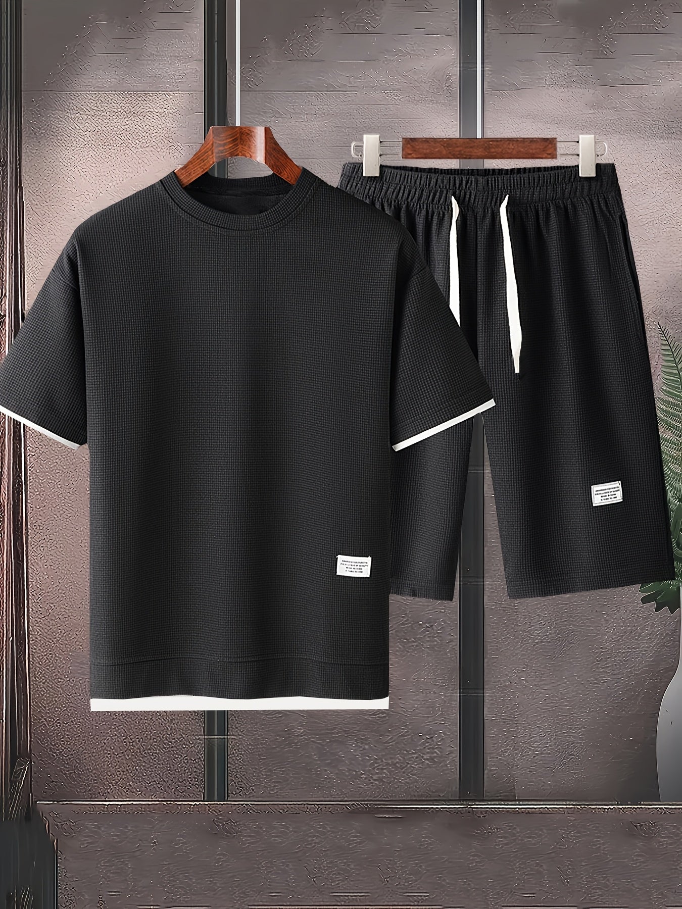 Waffle short-sleeved T-shirt Men's casual sports suit summer loose fake two-piece half-sleeve T-shirt set
