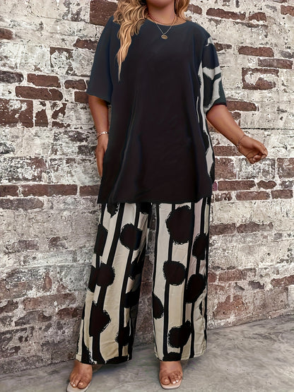 Plus Size Women'S Black Printed Sweater Set - Casual Long Sleeve Pullover with "LOVE" Design, Wide Leg Pants, Non-Stretch Fabric, Perfect for Fall & Winter, Autumn Winter Wear|Casual Style|Comfortable Fit
