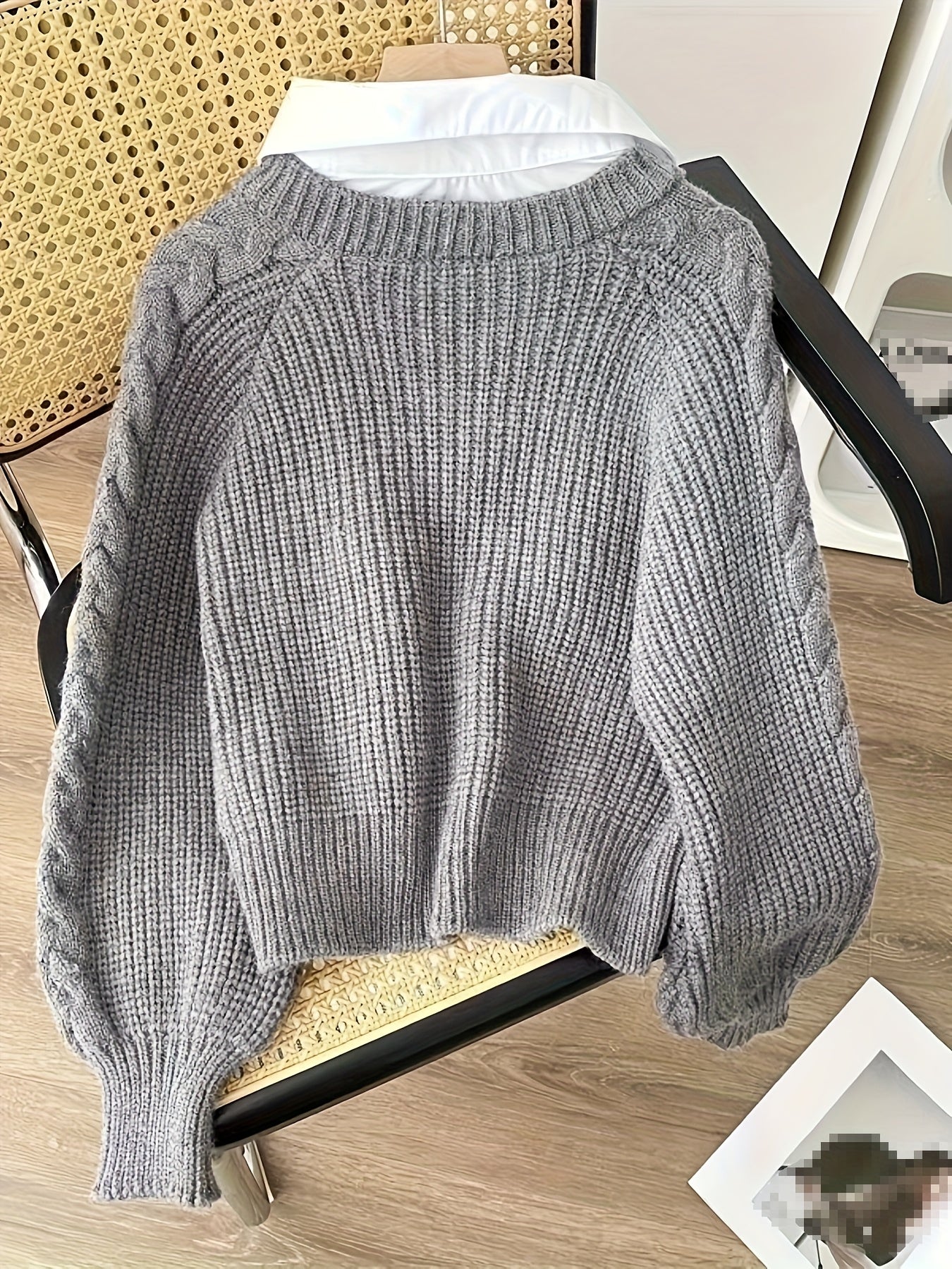 2 In 1 Contrast Color Collared Sweater, Chic Cable Knit Long Sleeve Polo Sweater For Fall & Winter, Women's Clothing