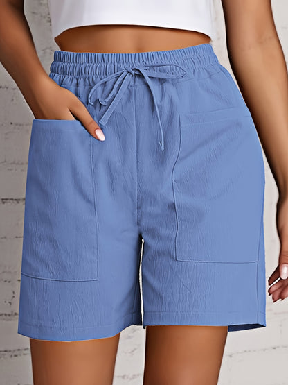 Women's Beige Cargo Shorts - Casual & Stylish, Solid Color with Drawstring Waist and Pockets, Polyester Blend, Machine Washable, All-Season Comfort