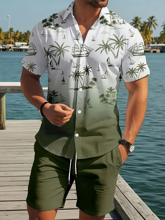 Men's 3D Printed Lapel Casual Shirt and Shorts Set