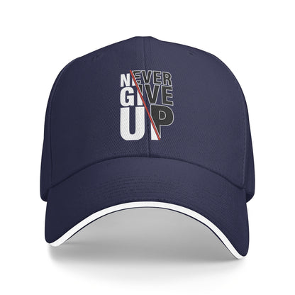1 Pack Never Give Up Print Baseball Cap - Adjustable Snapback Dad Hat with Breathable Mesh Back, Funky Unisex Trucker Hat for Outdoor Fishing Driving, Black with White & Red Lettering, One Size Fits Most (53.34-63.5 cm)