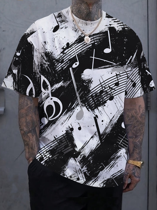 OBM Men's Casual Short Sleeve T-Shirt - Music Note & Splatter Print Design, 100% Polyester, Breathable Summer Tee, Regular Fit, Machine Washable, Musicthemed Apparel, Smooth Texture Fabric