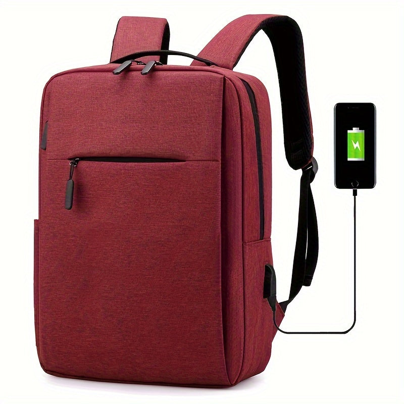 1pc Lightweight Business Laptop Backpack, 33.02/35.56/38.1 cm Computer Bag with USB Charging Port, Adjustable Straps, Zipper Closure, Polyester Lining, Wet Wipe Clean, Black Fabric Travel & Student Bookbag for Men and Women,
