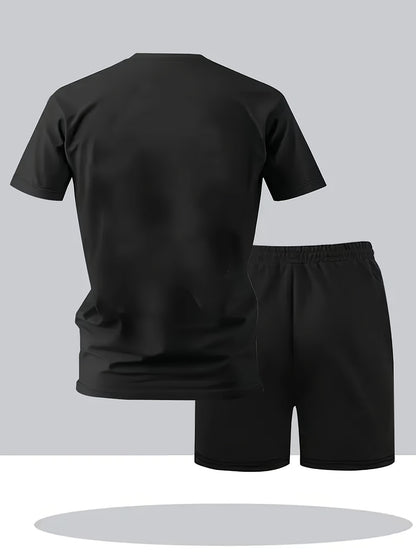 Paris Gradient Letter Print Men's Two-Piece Set: Crew Neck Short Sleeve T-Shirt and Drawstring Shorts Summer Casual Sportswear