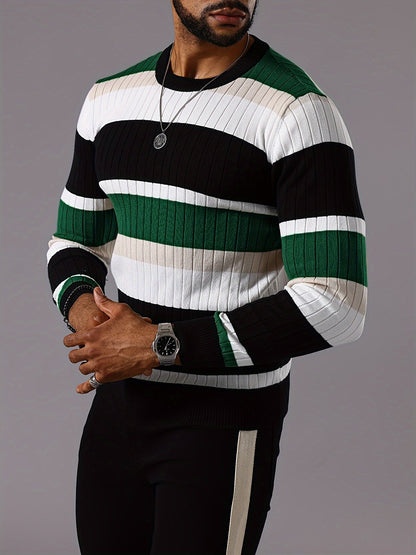 Men's Striped Color-Block Ribbed Knit Sweater - Long Sleeve Round Neck Pullover with Elastic Comfort Fit, Machine Washable Casual Fall Winter Top in Black/White/Green/Beige, Knit Sweater, Medium Elasticity