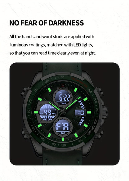NAVIFORCE Men's Luxury Sports Quartz Watch - Waterproof, Genuine Leather Strap, Dual Display with Date & Chronograph Functions, Case, Green Accents, Luxury Timepiece|Tachymeter Equipped|Genuine Leather Band Valentine's Day