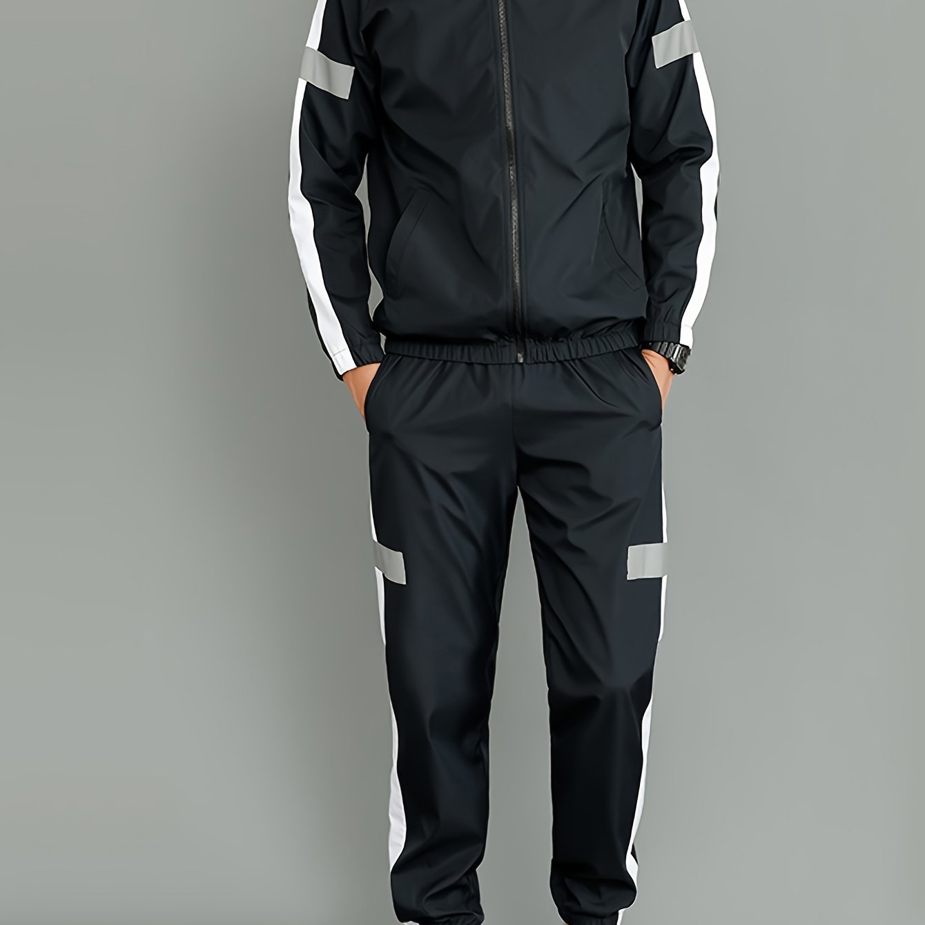 Men's Casual Sportswear Set - Black and White Striped Zip-Up Jacket with Reflective Accents & Matching Joggers, Polyester, Machine Washable, Ideal for Spring & Fall, Jogging Pants