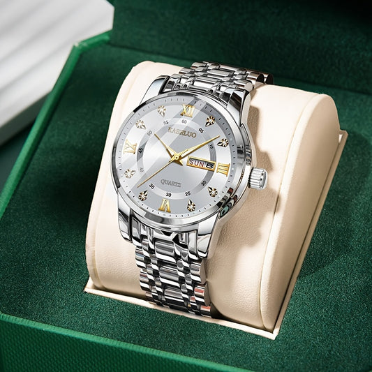 1pc KASRLUO Men'S Business Sports Watch - Stainless Steel Band, Double Date Display, Quartz Movement, Round Alloy Case, Electronic Drive, Calendar Feature, Ideal Gift for Men, KASRLUO