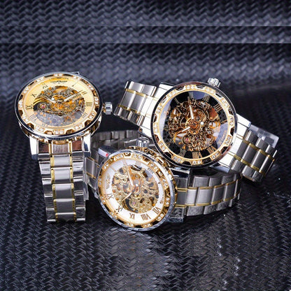 Fashion Classic Roma Watch Men Luxury Golden Skeleton Mechanical Hand Watches Casual Business Wristwatches Men Blue & Golden Accents, Casual Yet Versatile, Best Seller, Ideal Gift, Mechanical Movement, Watch Accessories, With